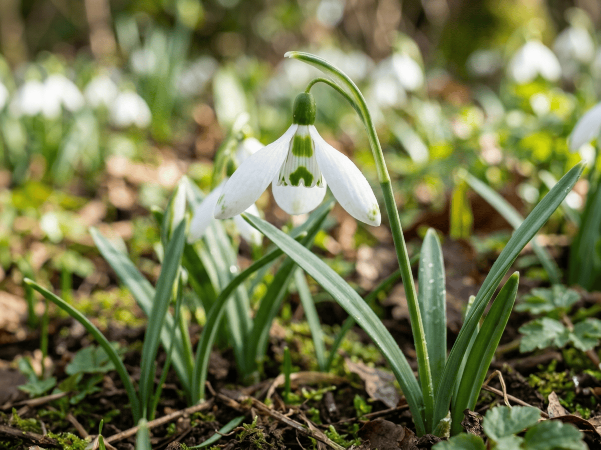Elwes-Schneeglöckchen — Nahaufnahme von Blättern und Blüten