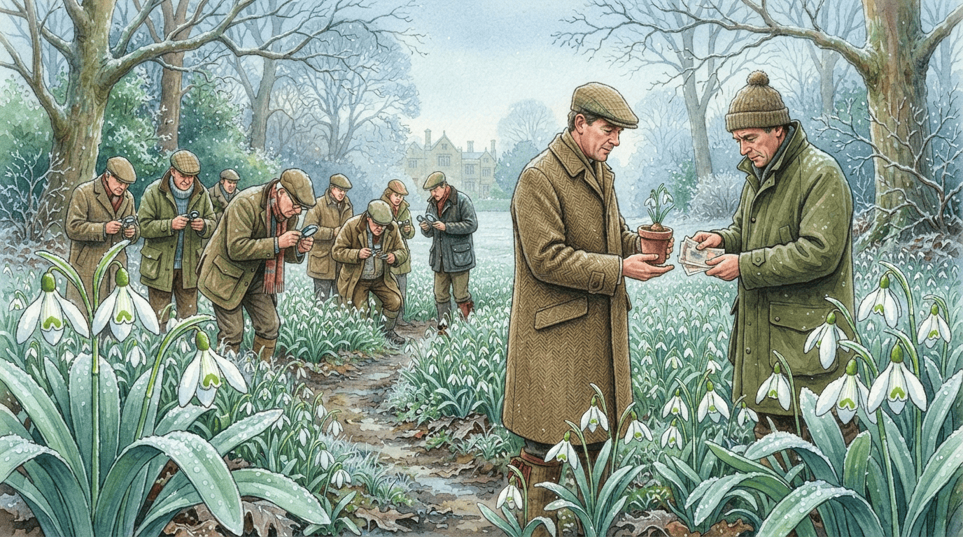 Illustrierte historische Szene zu Elwes-Schneeglöckchen
