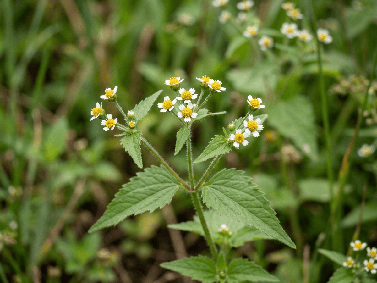 Galinsoga comune — primo piano di foglie e fiori