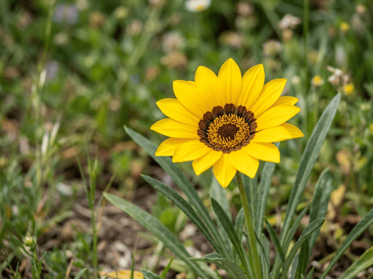 Gazanie — Nahaufnahme von Blättern und Blüten