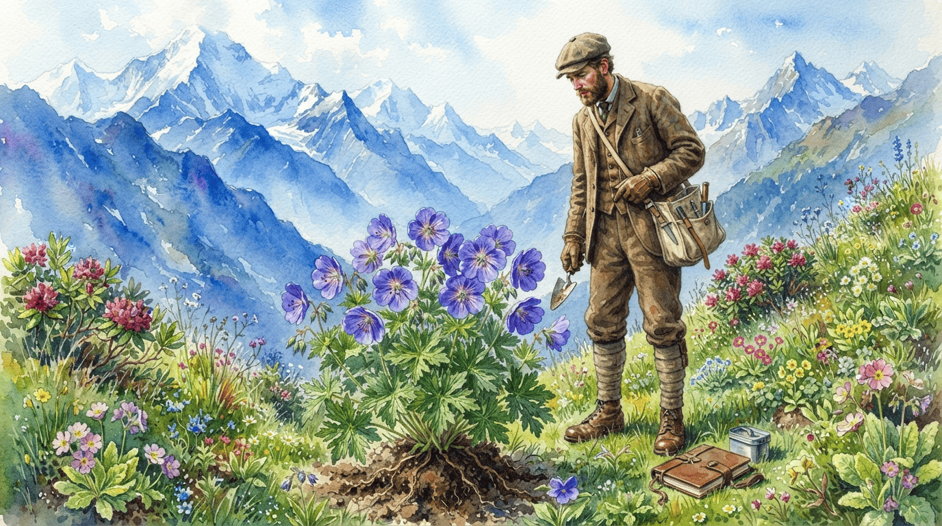 Escena histórica ilustrada de Geranio del Himalaya