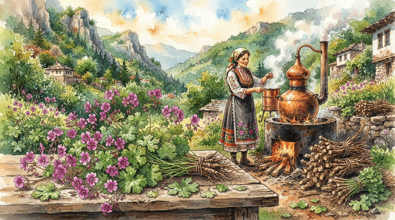 Escena histórica ilustrada de Geranio de roca