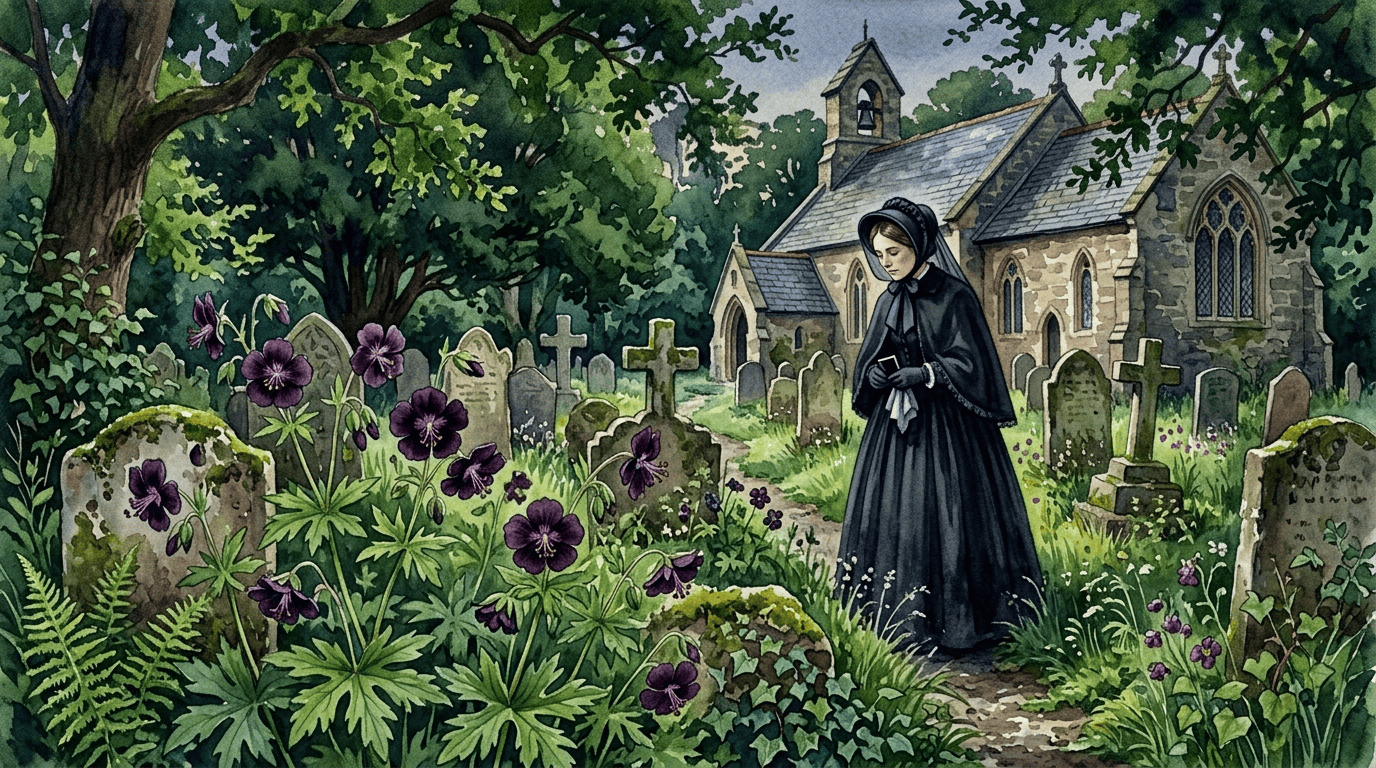 Escena histórica ilustrada de Geranio oscuro