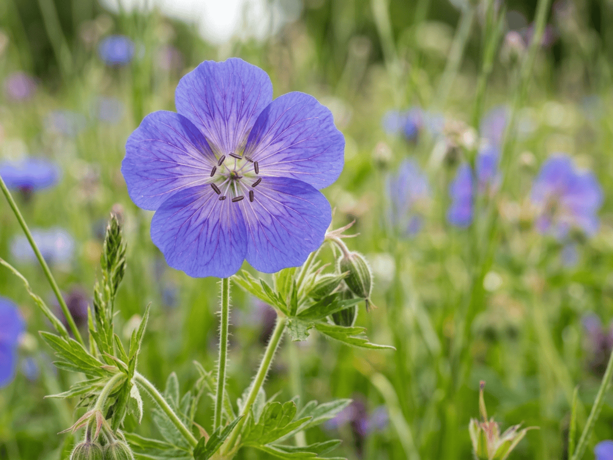 Géranium des prés — gros plan sur feuilles et fleurs