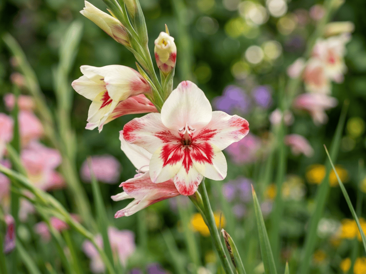 Gladiolo nano — primo piano di foglie e fiori