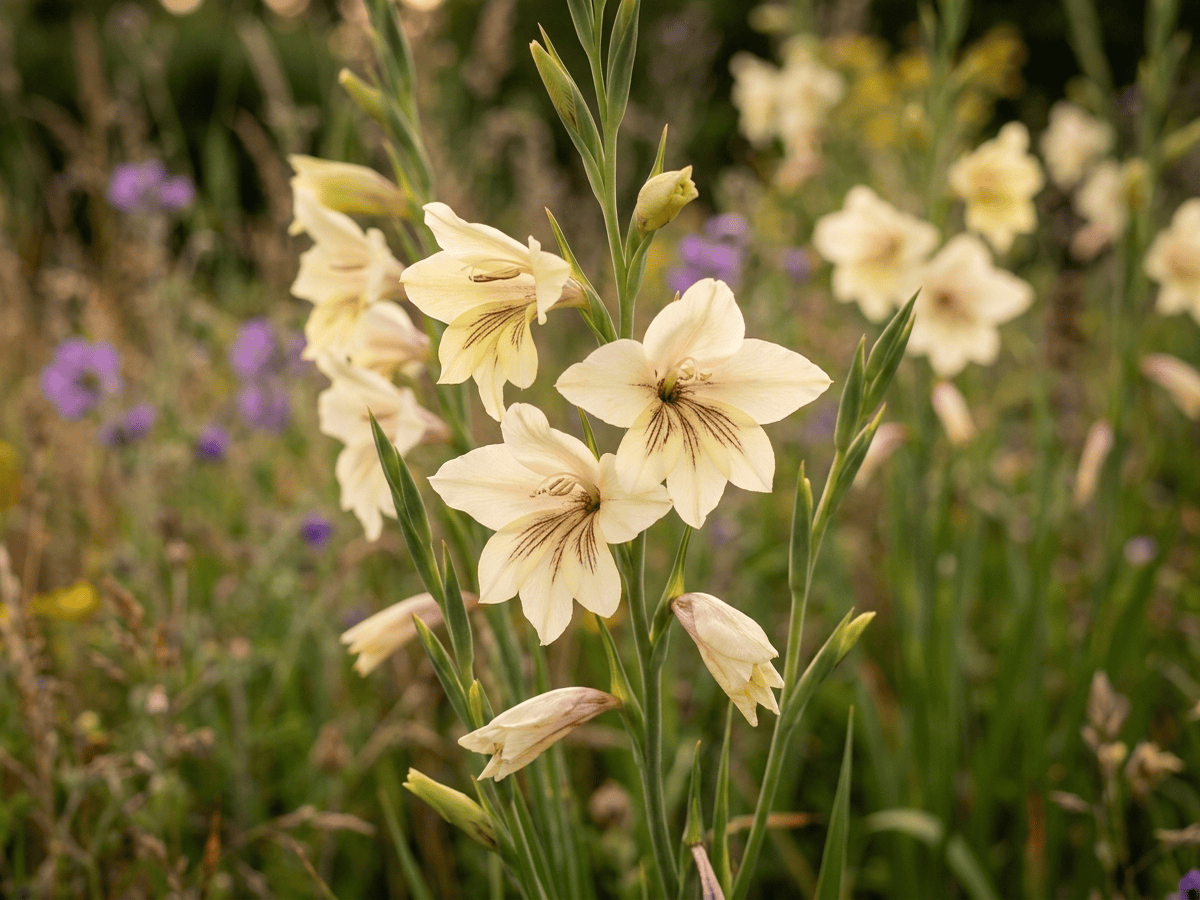 Glaïeul triste — gros plan sur feuilles et fleurs