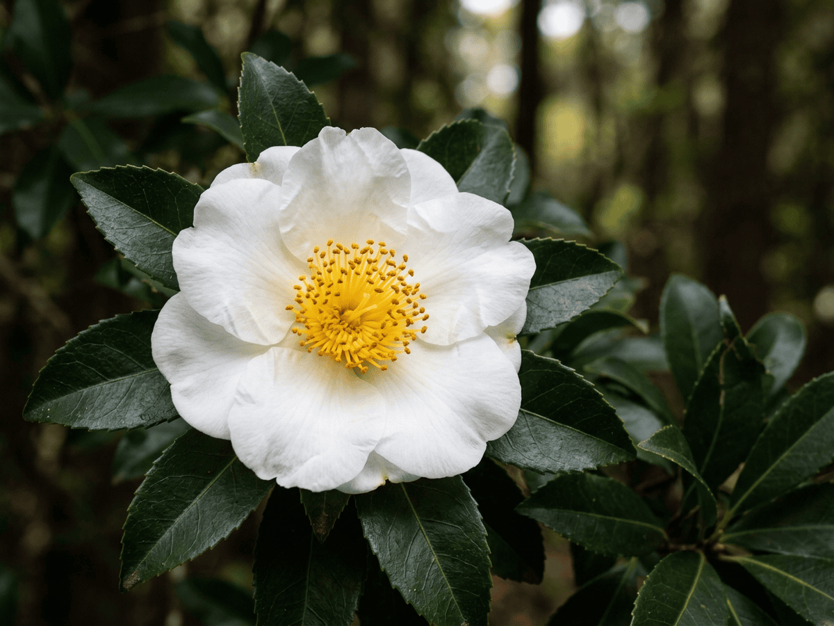 Sumpf-Gordonie — Nahaufnahme von Blättern und Blüten
