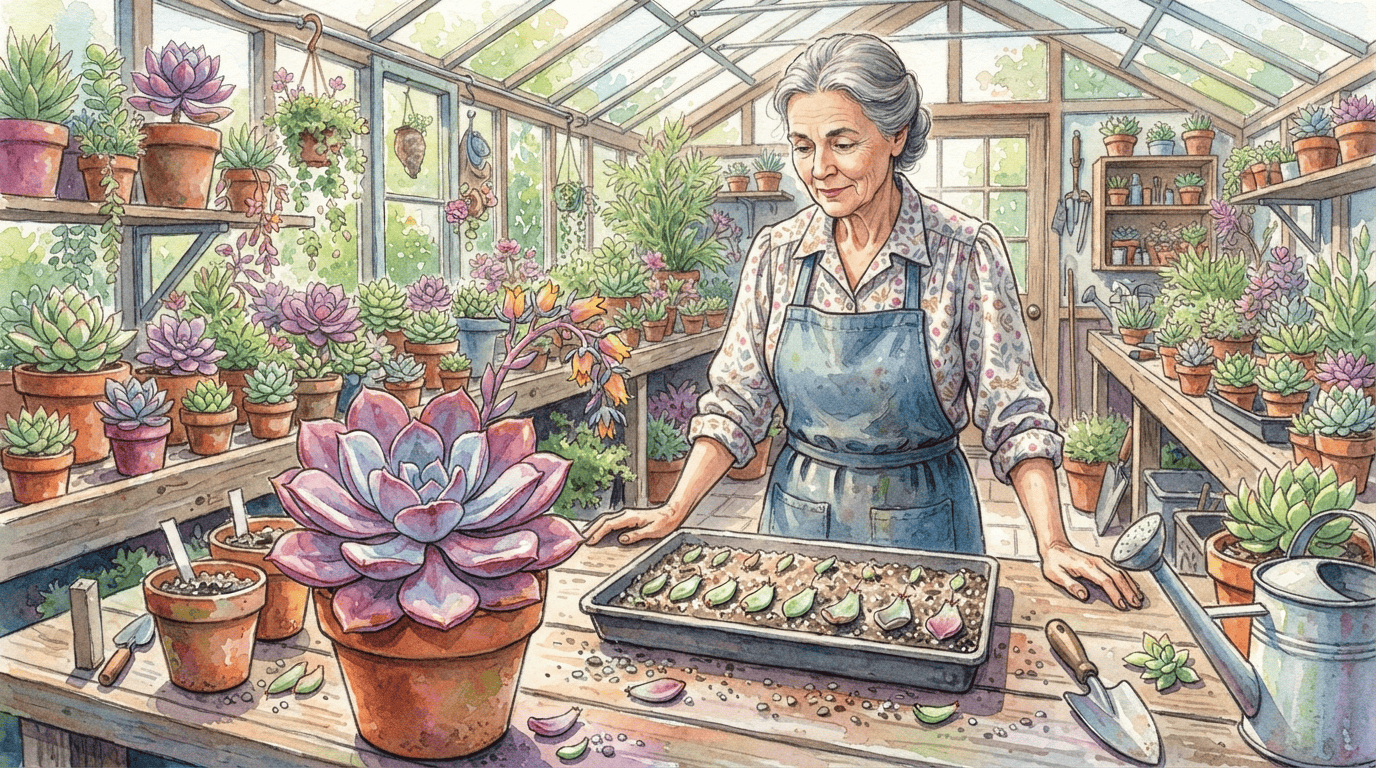 Escena histórica ilustrada de graptoveria 'Debbie'