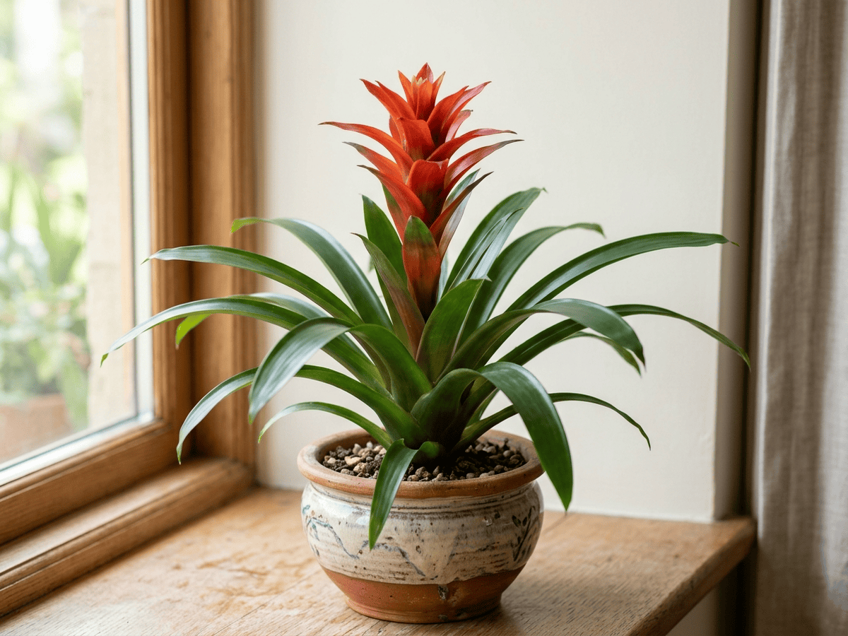 Scharlachstern (Guzmania lingulata), ganze Pflanze