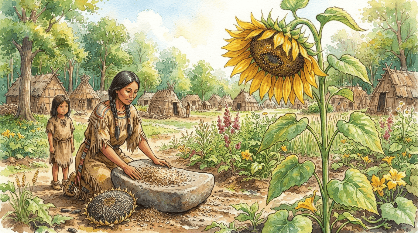 Escena histórica ilustrada de girasol