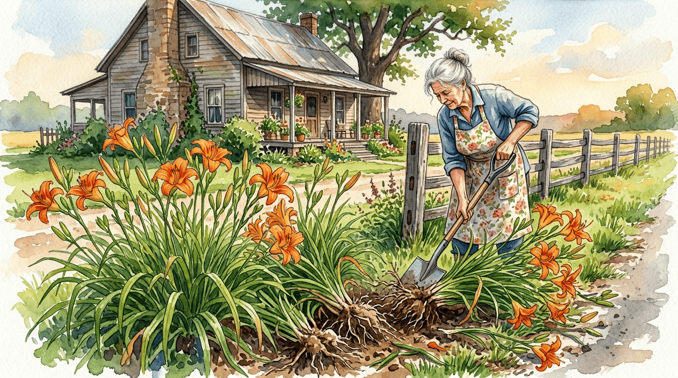 Illustrated historical scene for Orange Day-Lily