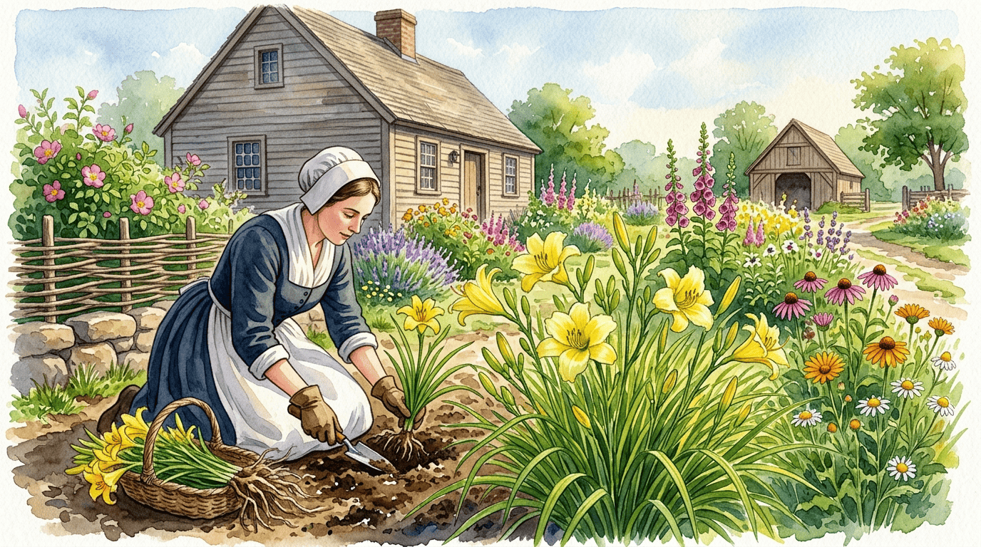 Escena histórica ilustrada de lirio de día amarillo