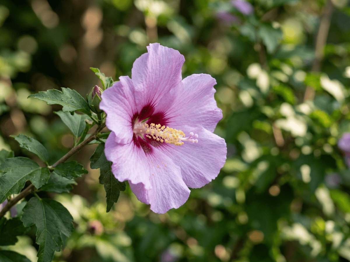 Ibisco di Siria — primo piano di foglie e fiori