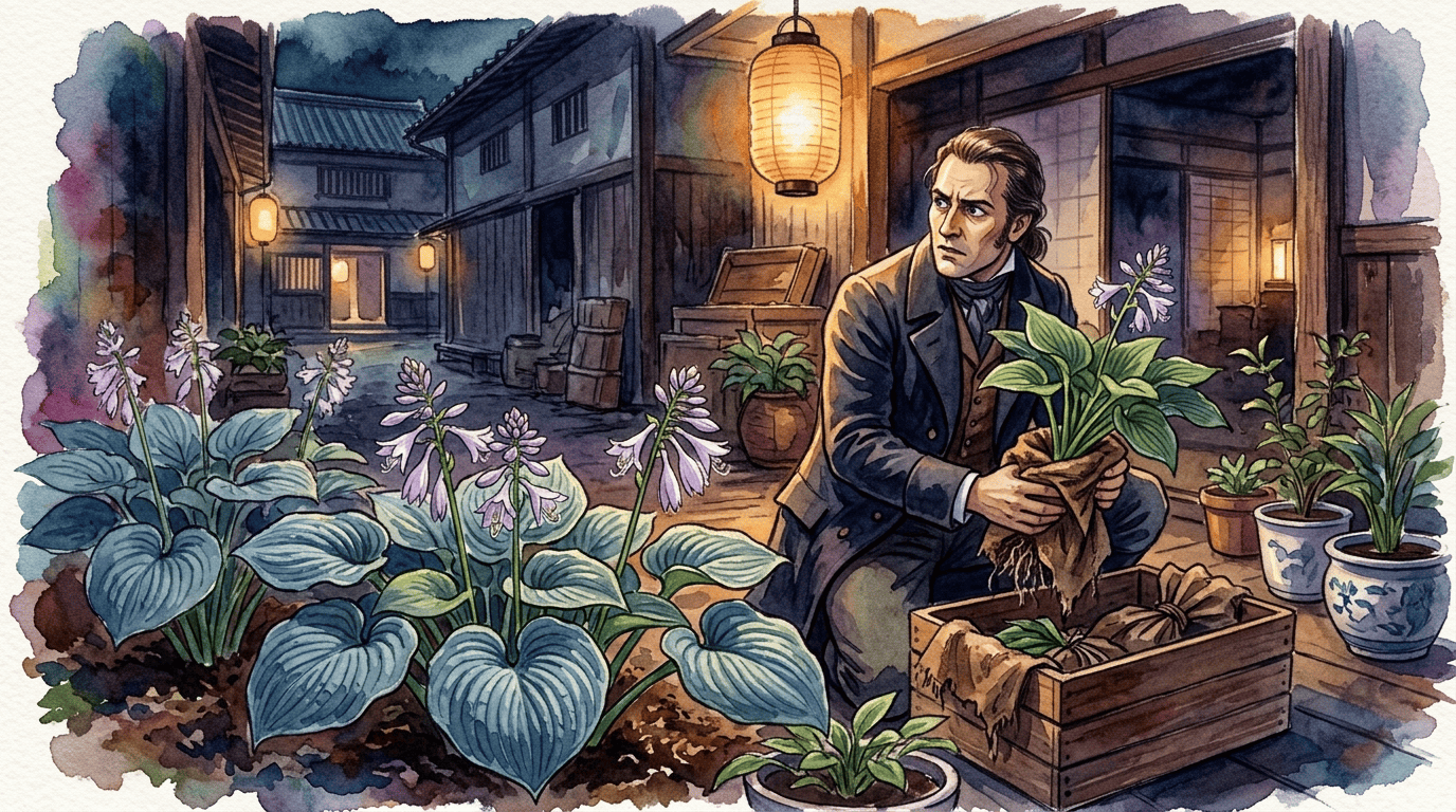 Escena histórica ilustrada de hosta de Siebold