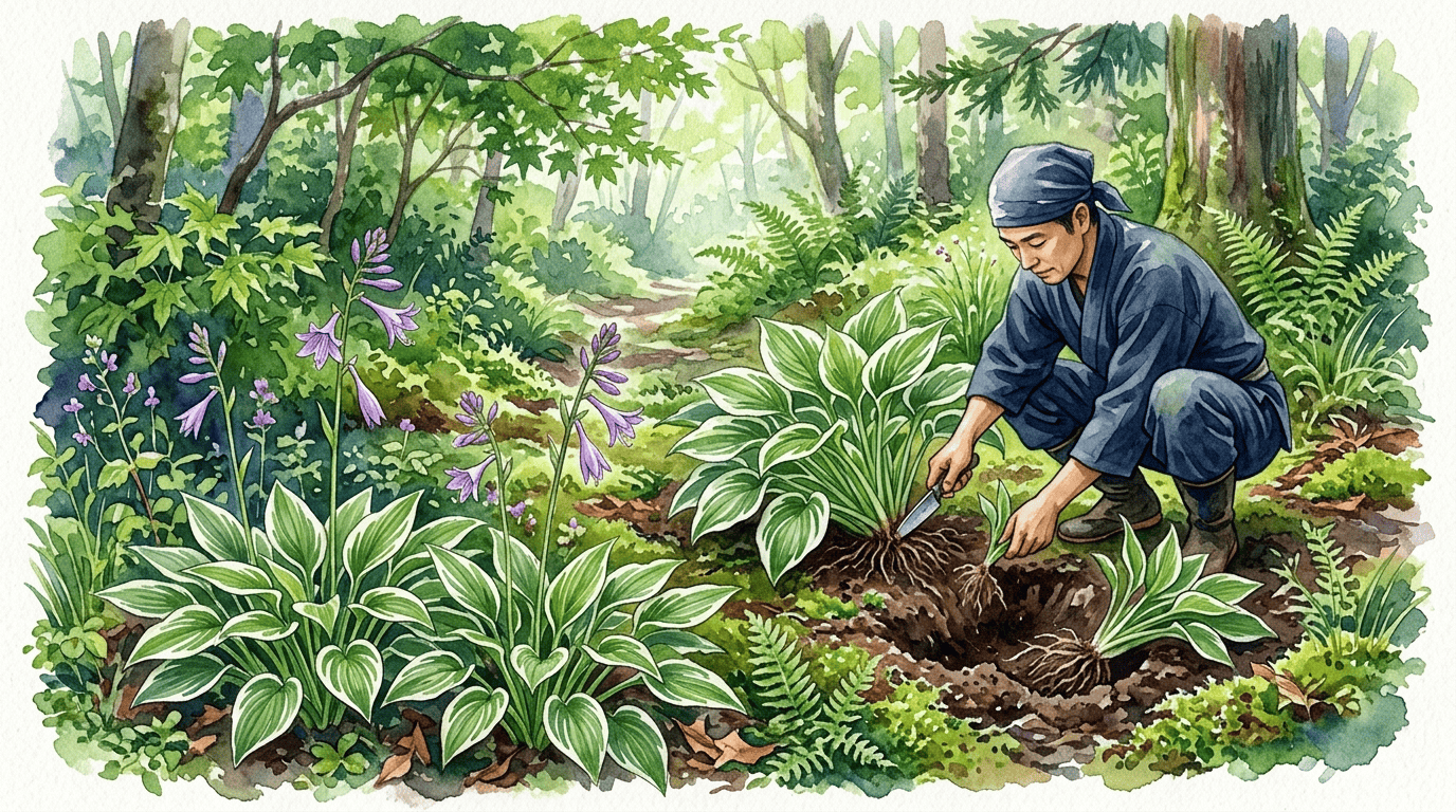 Escena histórica ilustrada de hosta de hoja pequeña
