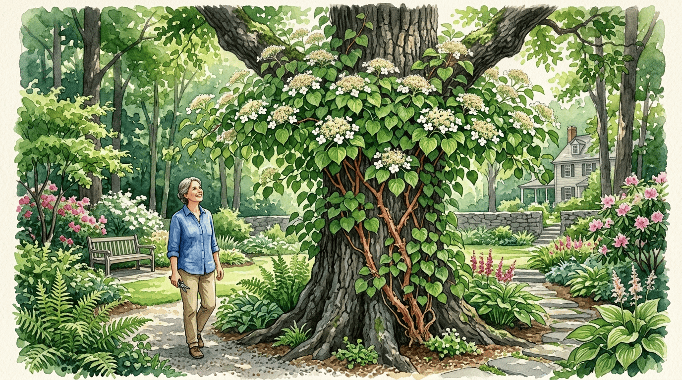 Escena histórica ilustrada de hortensia trepadora