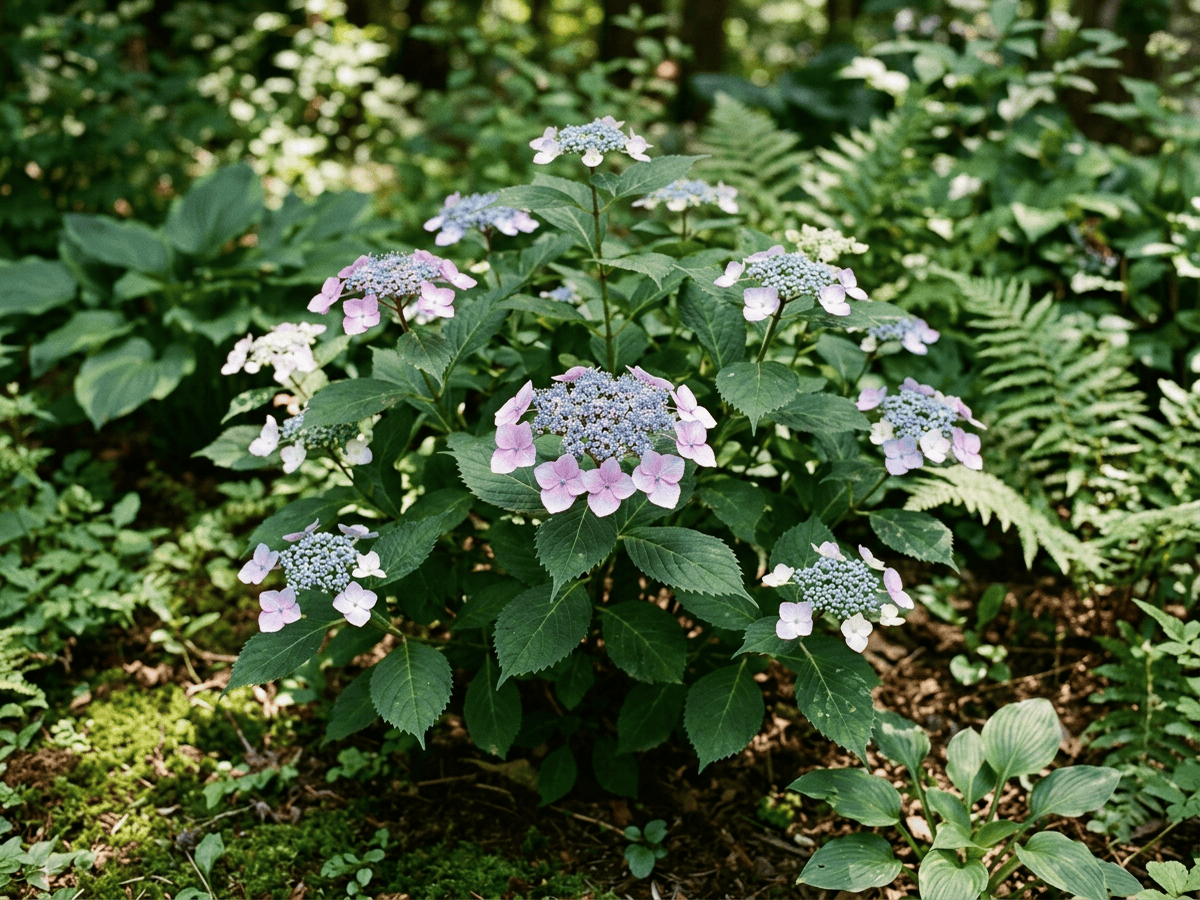 Berg-Hortensie (Hydrangea serrata), ganze Pflanze