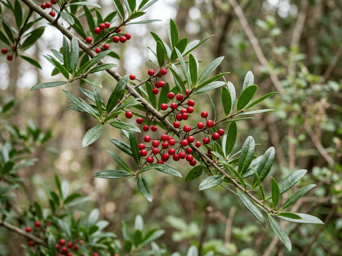 Agrifoglio a foglie di mirto — primo piano di foglie e fiori