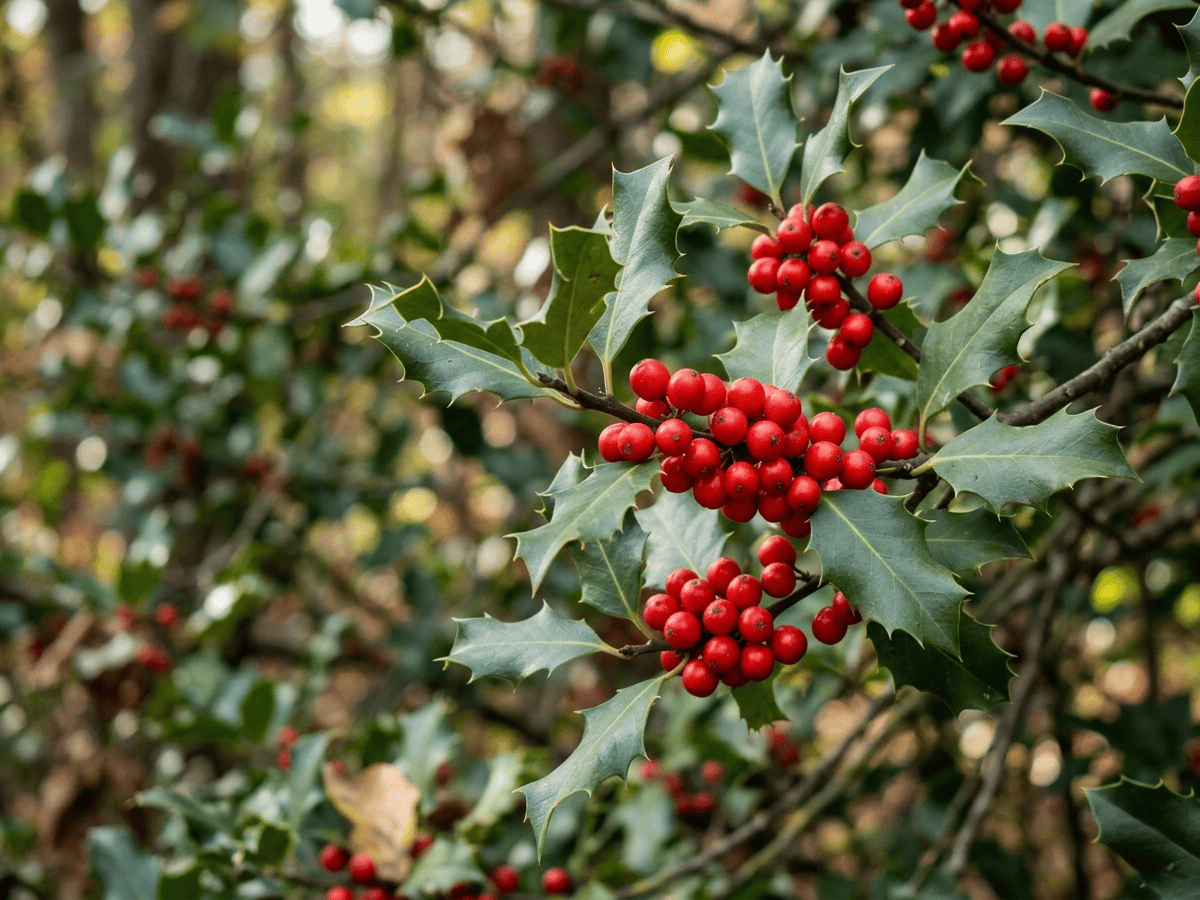 미국호랑가시나무 잎과 꽃 클로즈업