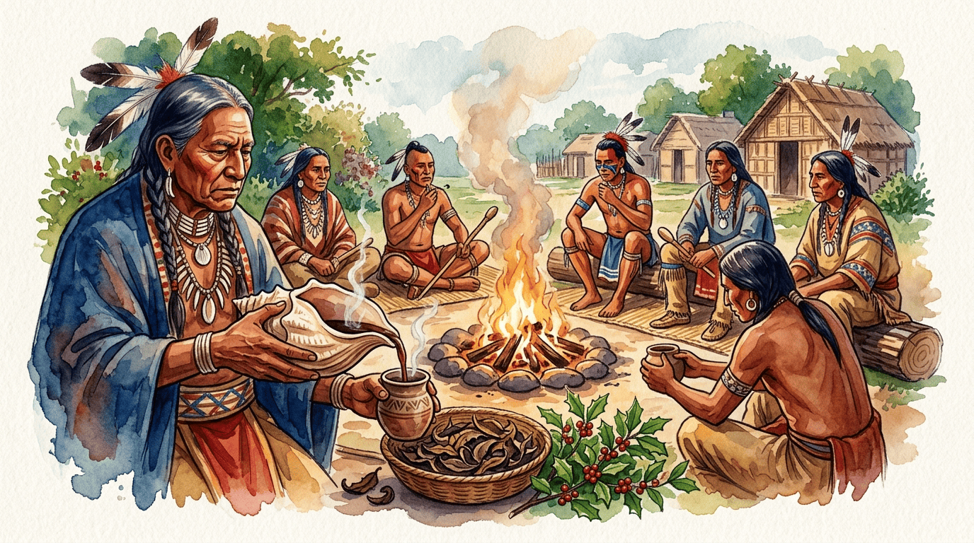 Illustrated historical scene for Yaupon Holly
