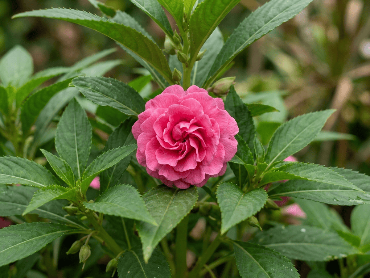 Balsamine des jardins — gros plan sur feuilles et fleurs
