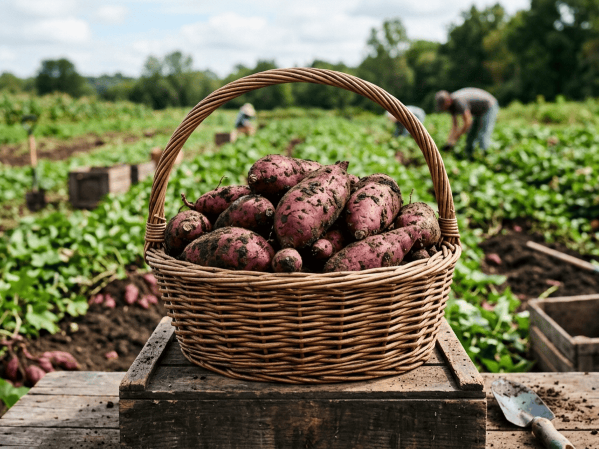 Patate douce — gros plan sur feuilles et fleurs