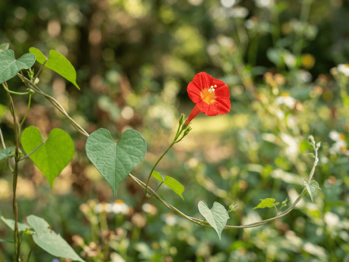 Ipomée écarlate — gros plan sur feuilles et fleurs