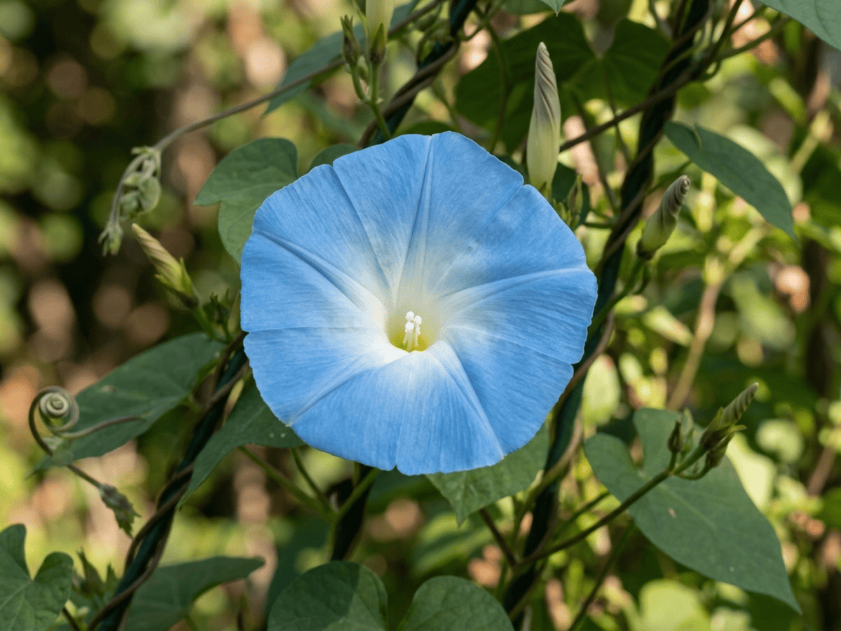 Himmelblaue Prunkwinde — Nahaufnahme von Blättern und Blüten
