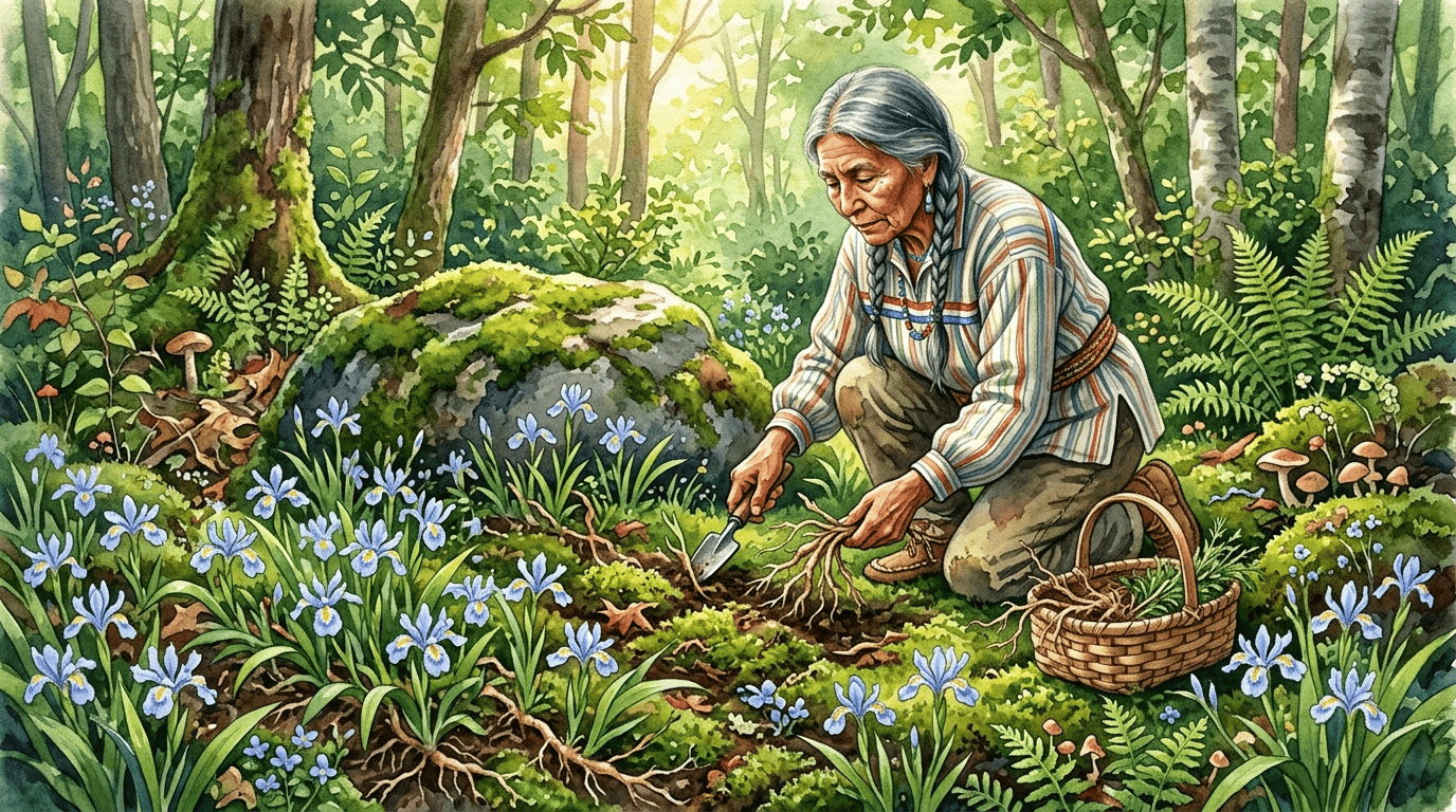 Illustrated historical scene for Dwarf Crested Iris