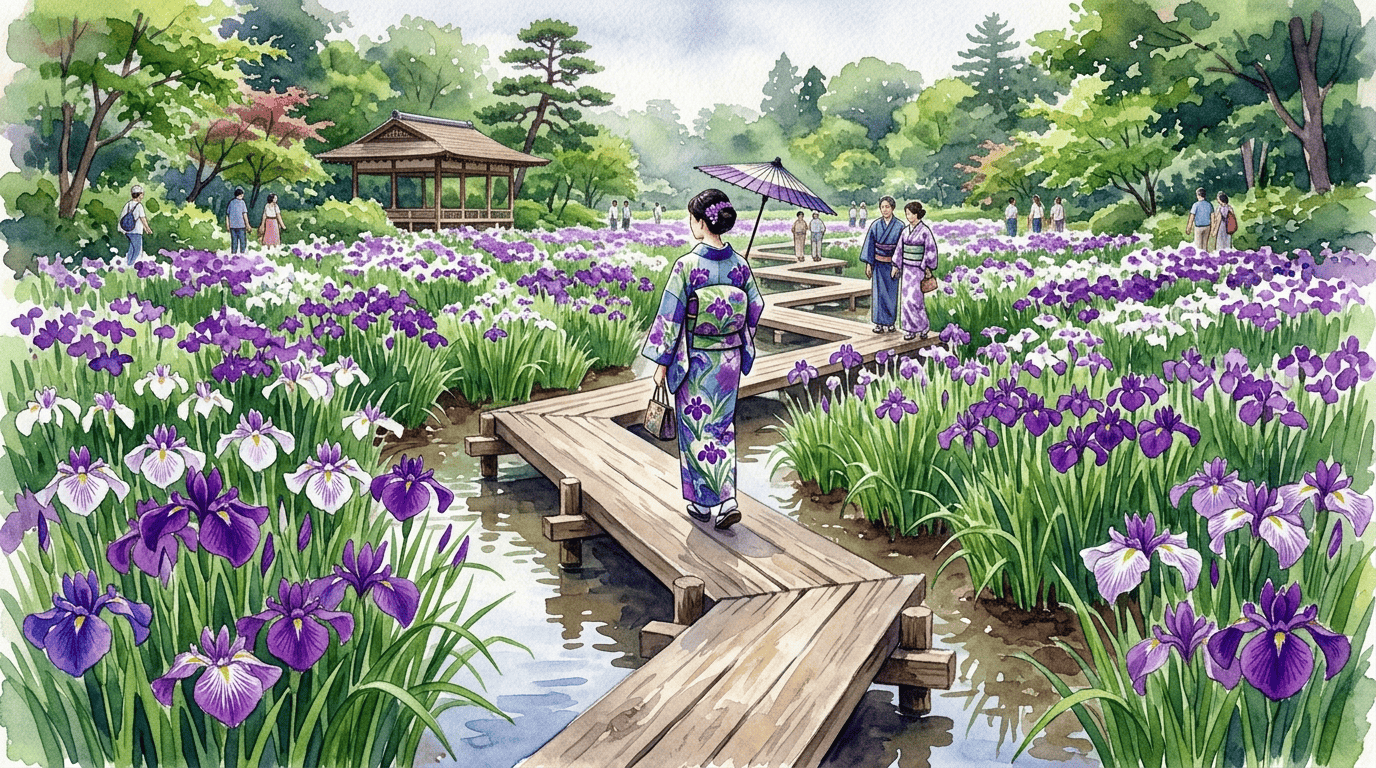 Scène historique illustrée pour Iris du Japon
