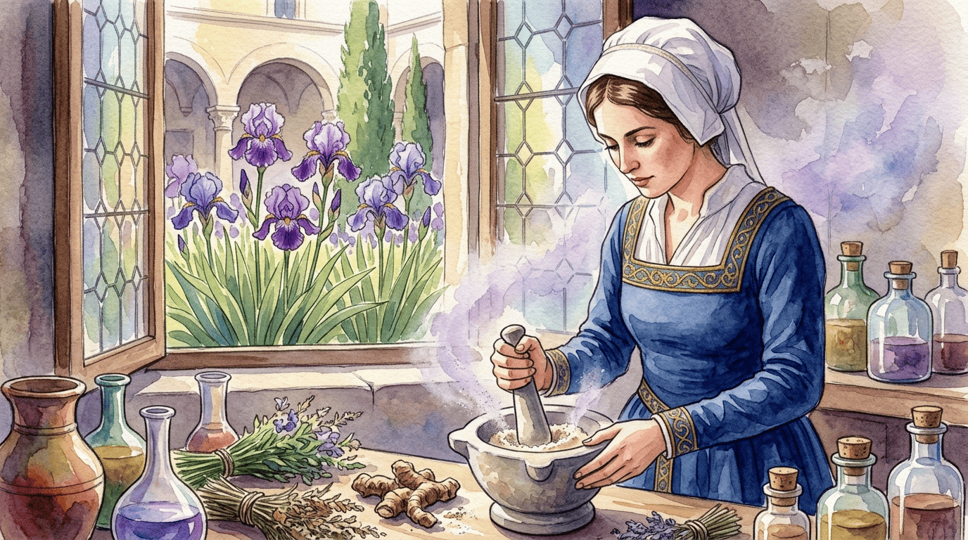 Escena histórica ilustrada de Lirio morado