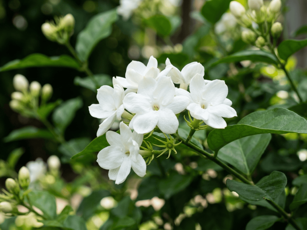 Echter Jasmin — Nahaufnahme von Blättern und Blüten