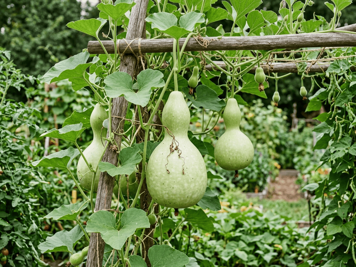 Zucca a fiasco (Lagenaria siceraria), pianta intera
