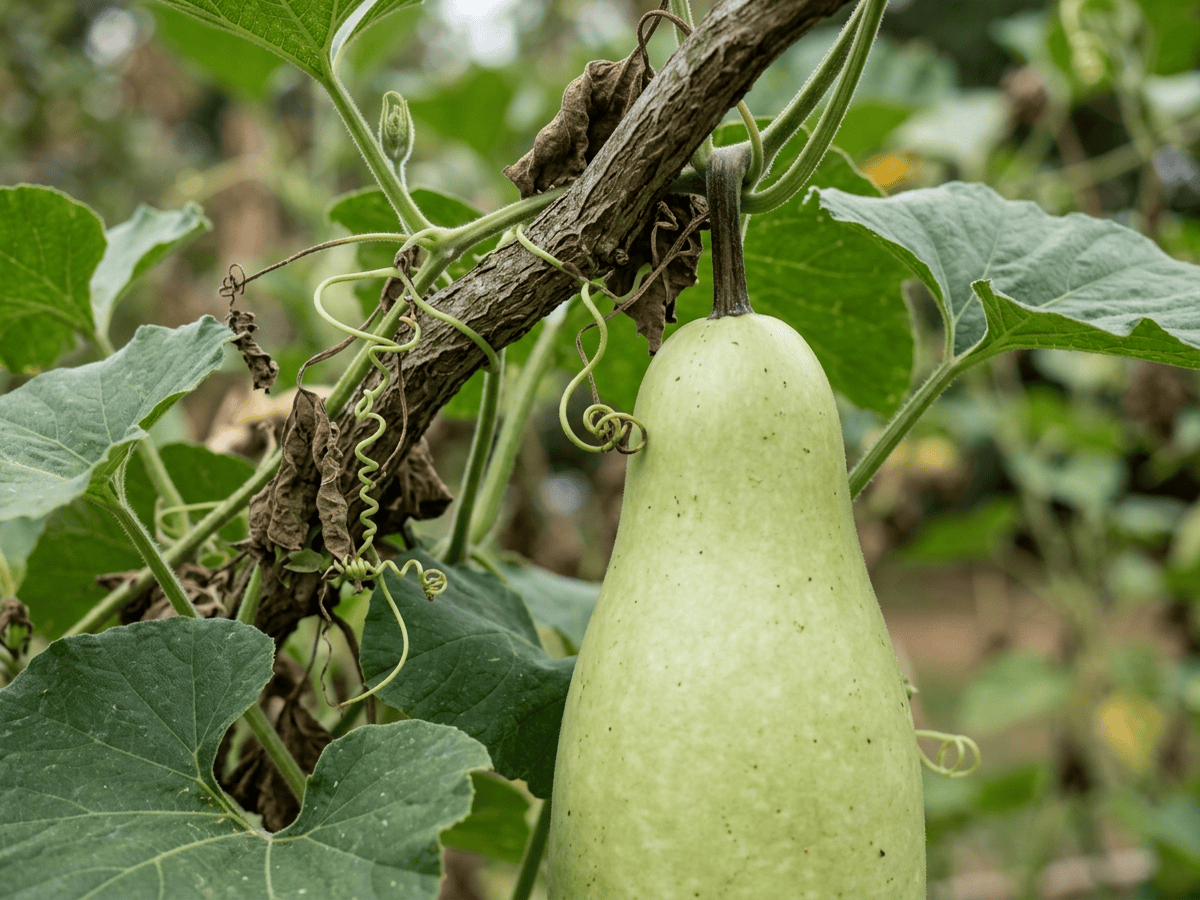 Zucca a fiasco — primo piano di foglie e fiori