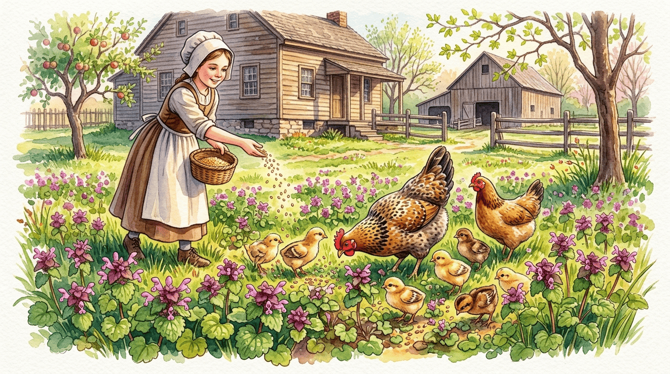 Illustrated historical scene for Henbit Deadnettle