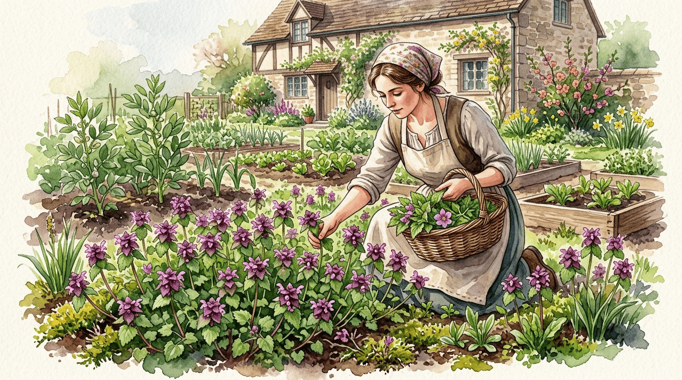 Illustrated historical scene for Red Deadnettle
