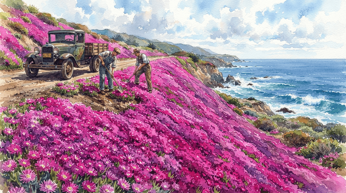 Illustrated historical scene for Trailing Ice Plant