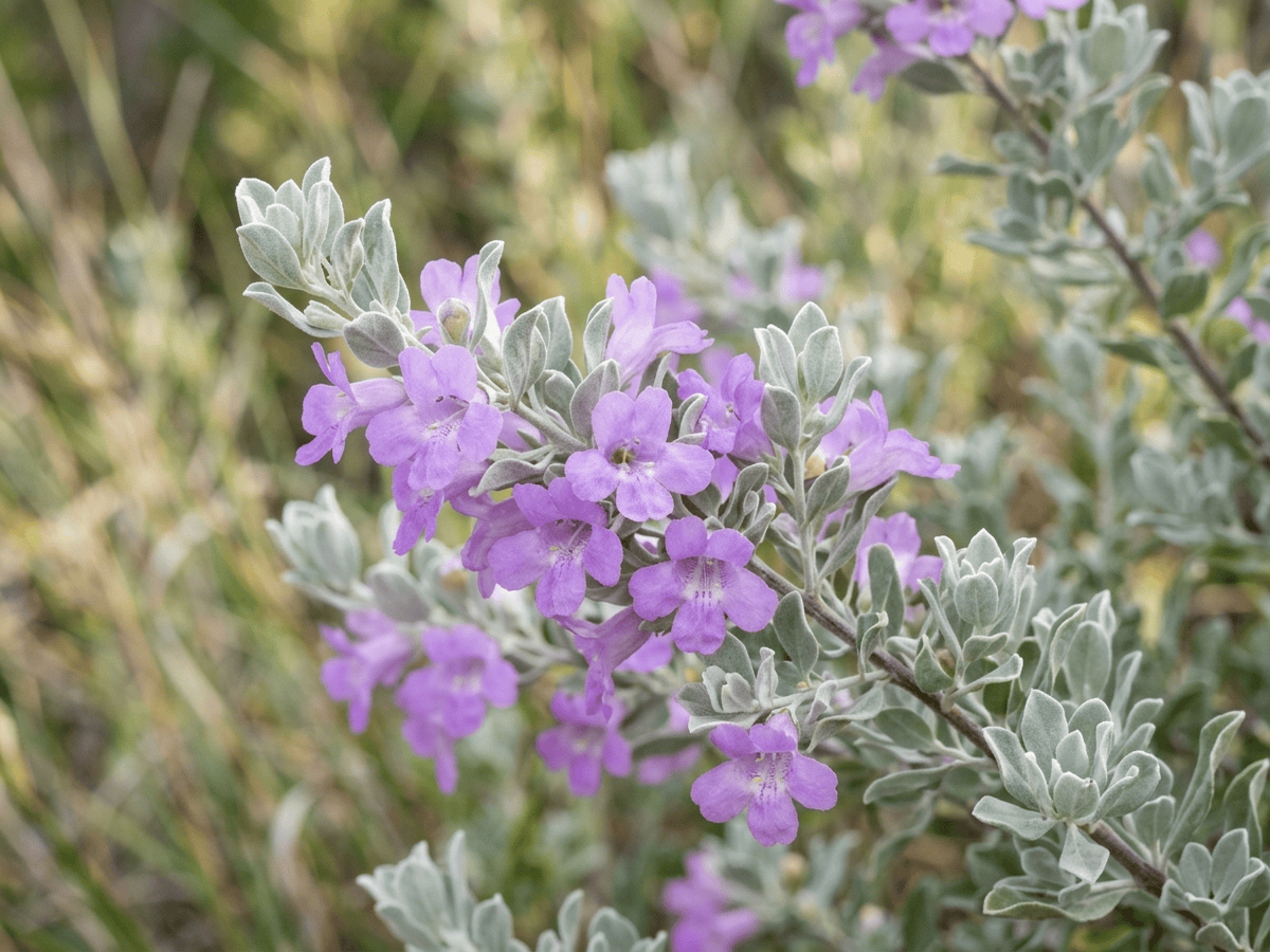 Salvia del Texas di Langman — primo piano di foglie e fiori