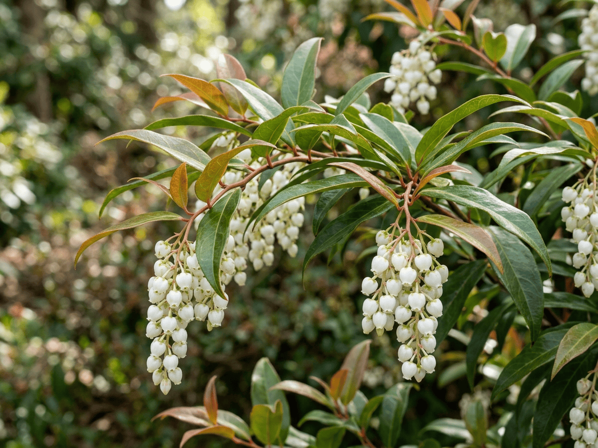 Cây leucothoe đầm lầy — cận cảnh lá và hoa