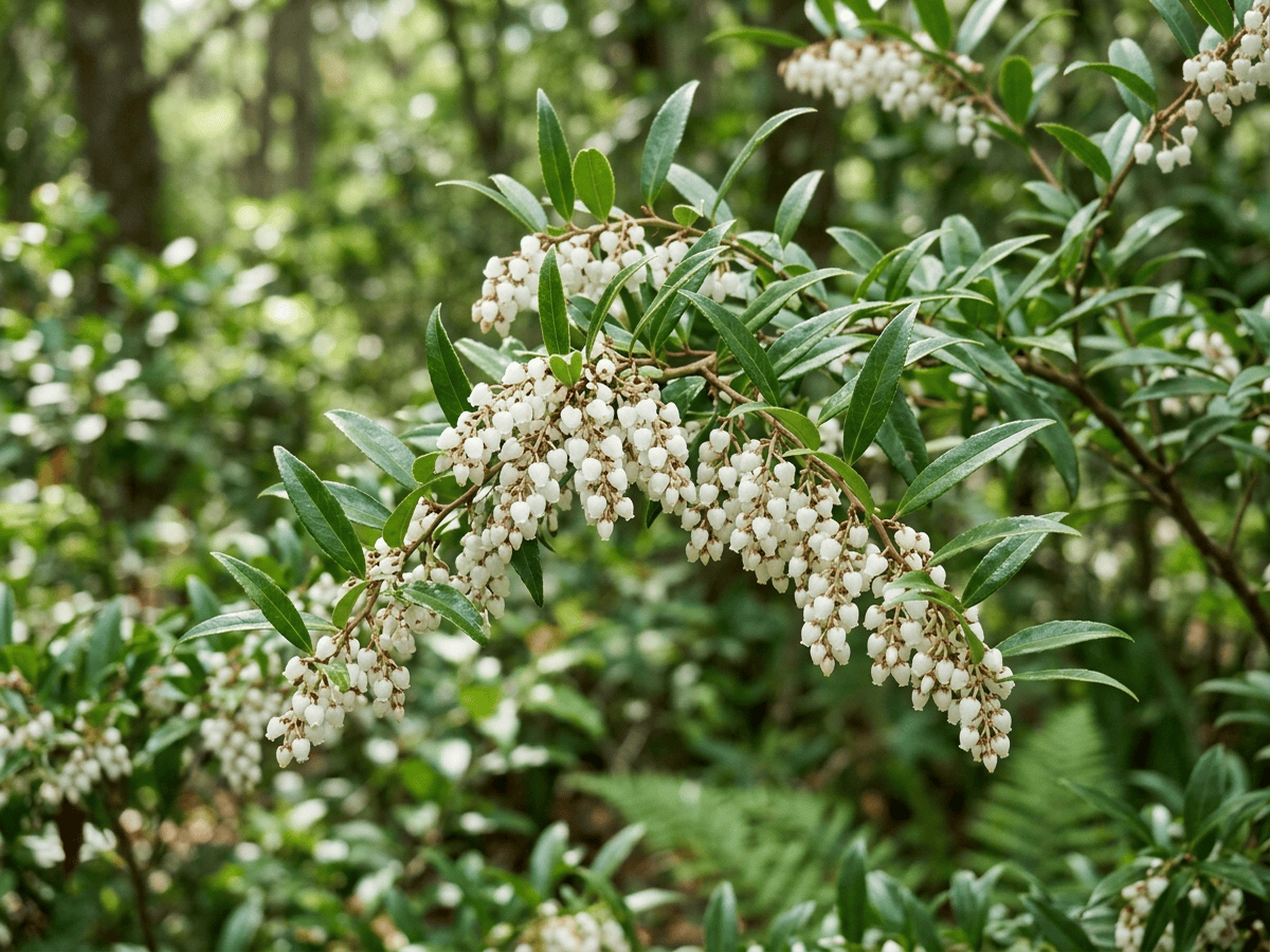 leucothoe de hoja de álamo — primer plano de hojas y flores