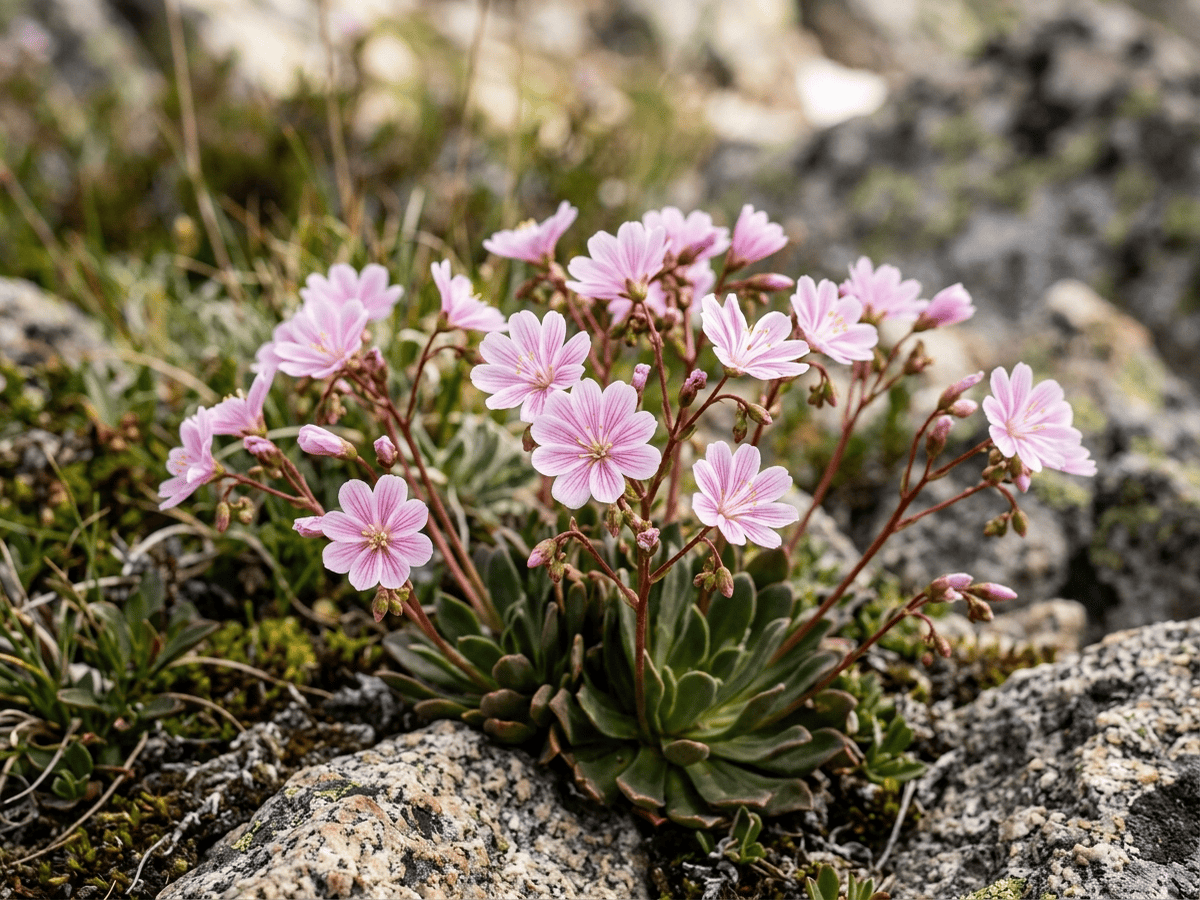 lewisia de Columbia — primer plano de hojas y flores
