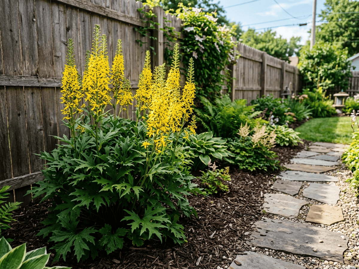 ligularia de cabeza estrecha en un jardín