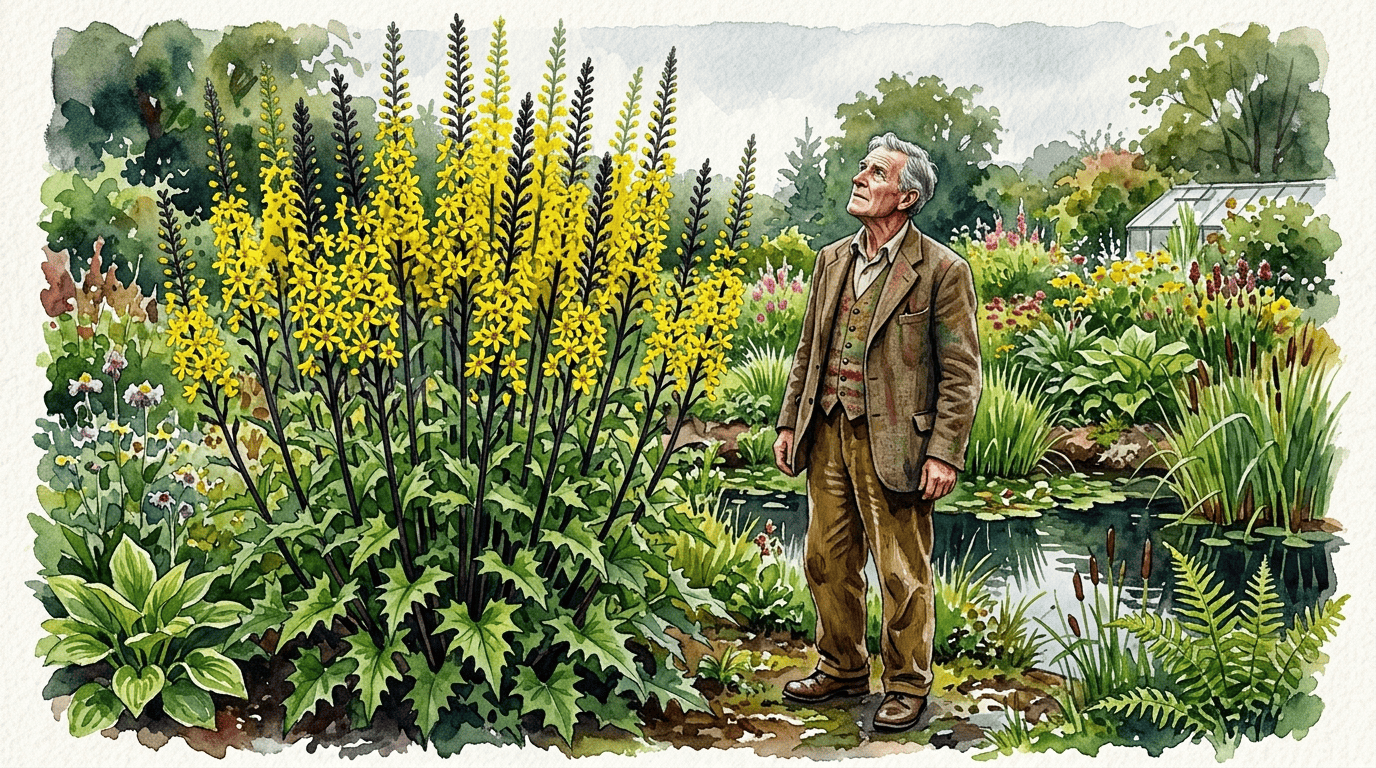 Escena histórica ilustrada de ligularia de cabeza estrecha