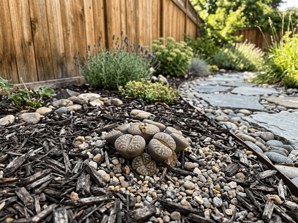 Lithops lesliei in a garden setting