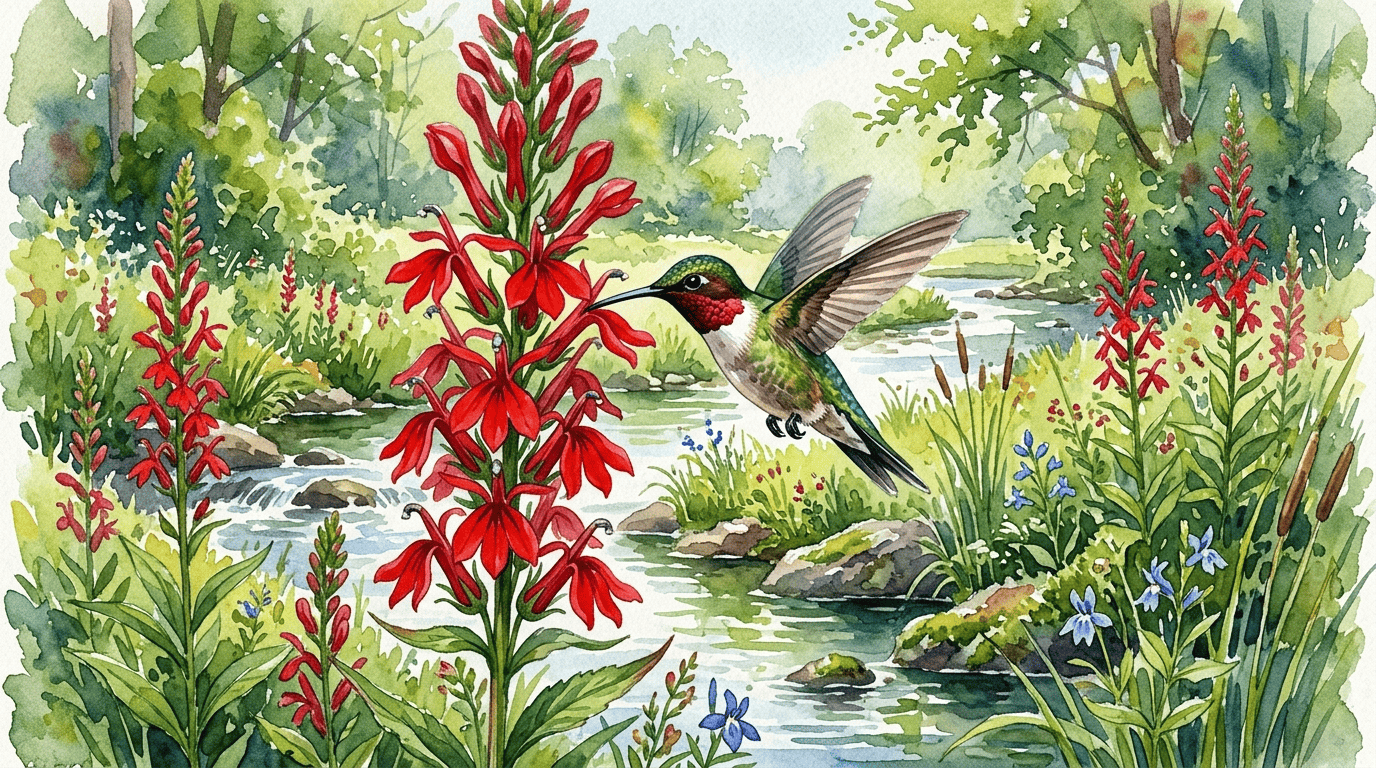 Illustrated historical scene for Cardinal Flower
