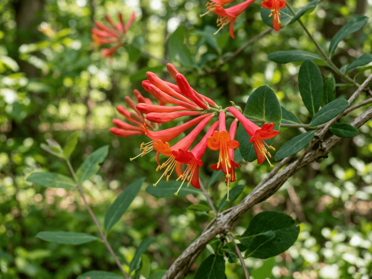 Chèvrefeuille de Virginie — gros plan sur feuilles et fleurs