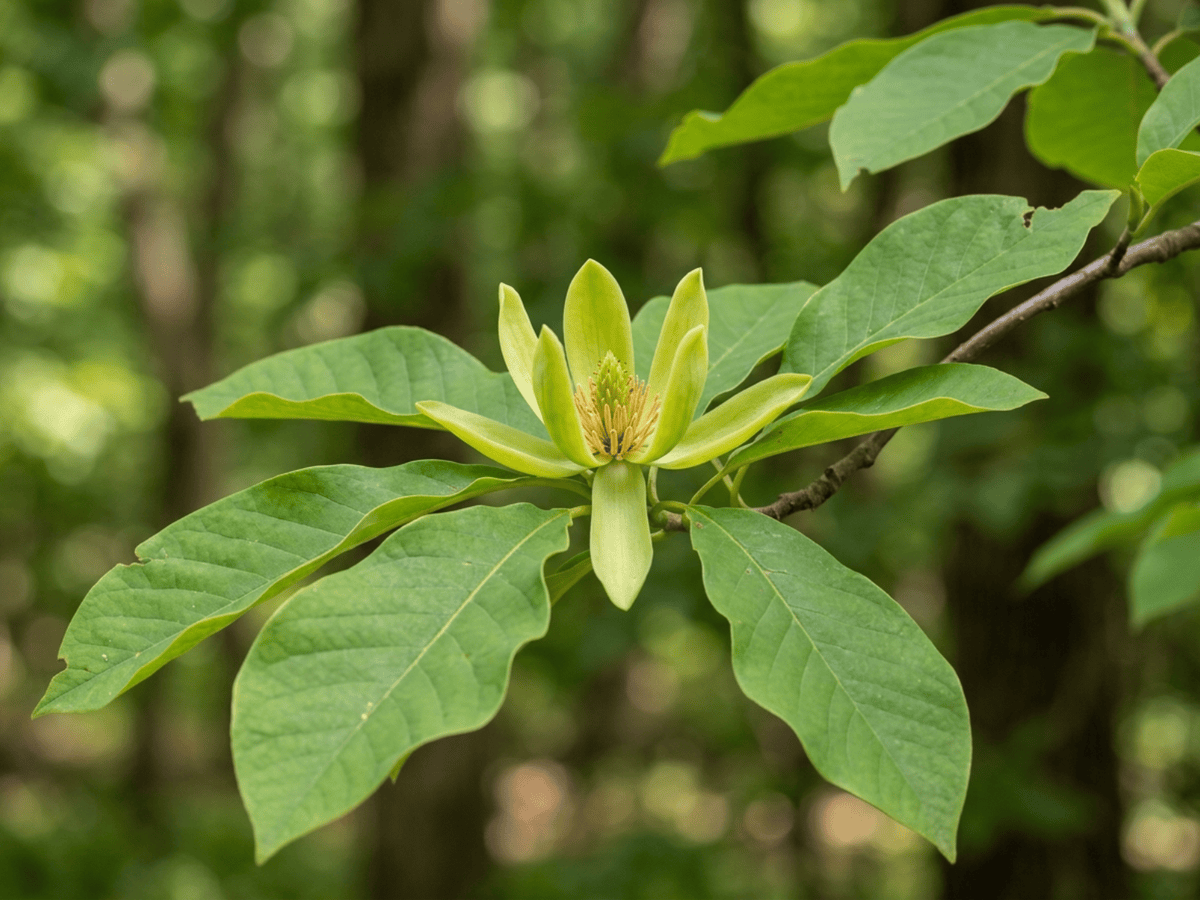 Magnolia acuminata — primo piano di foglie e fiori