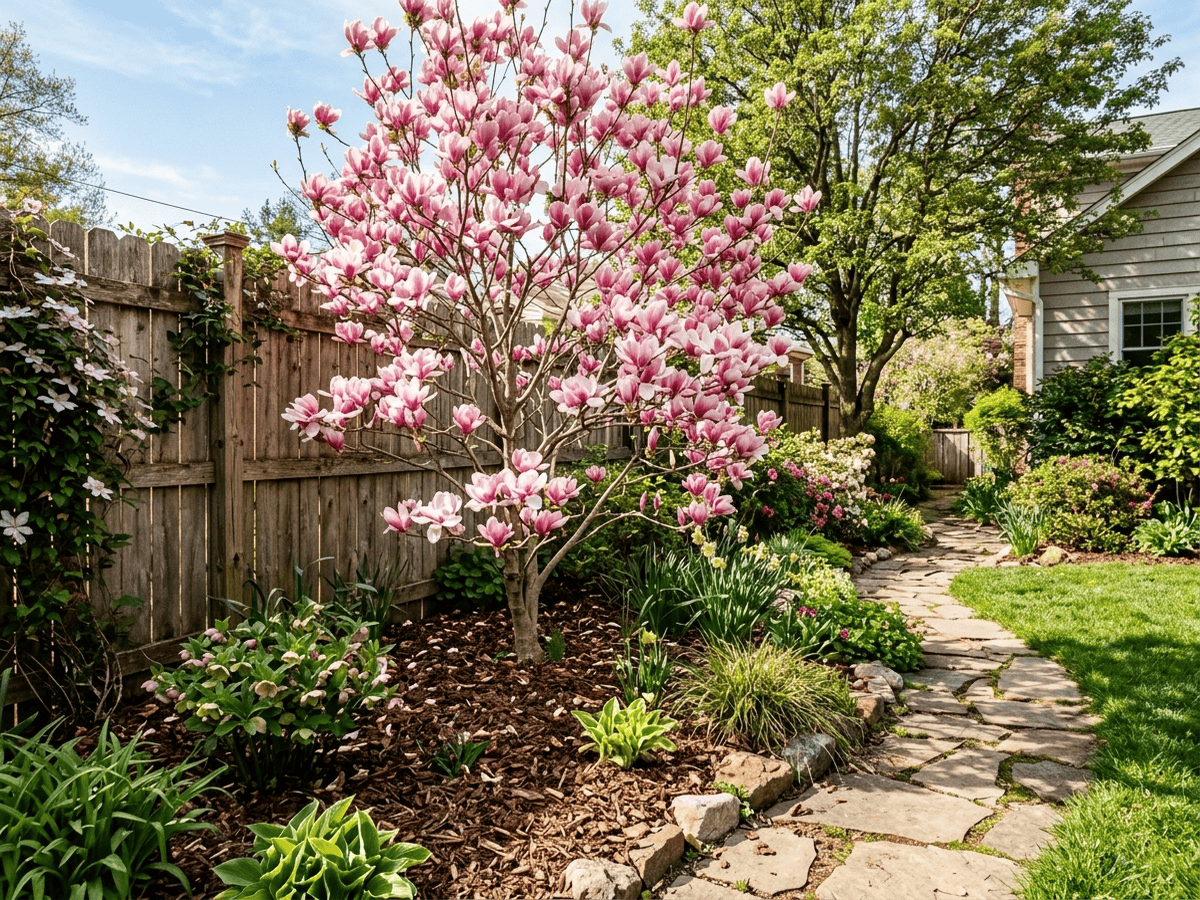Pink Tulip Tree in a garden setting