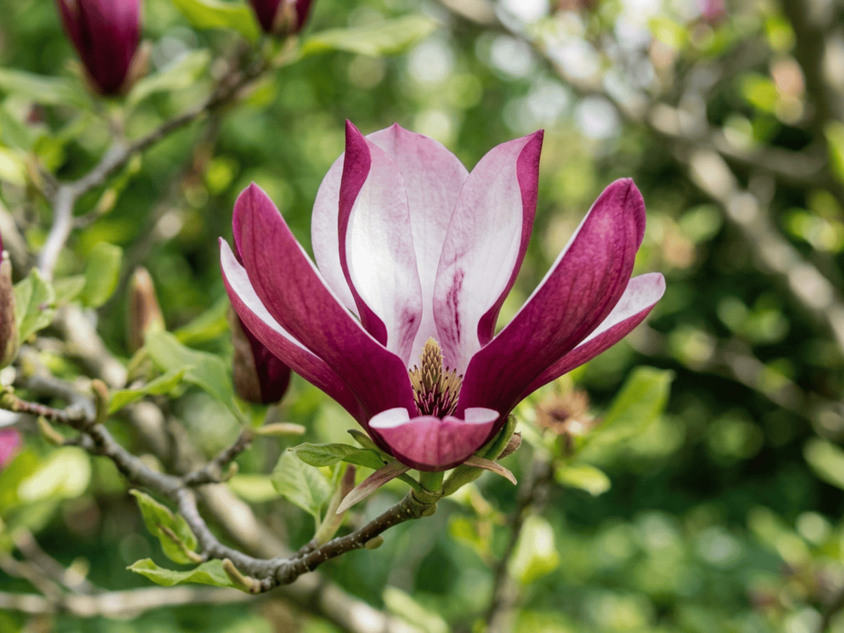 Magnolia gigliata — primo piano di foglie e fiori