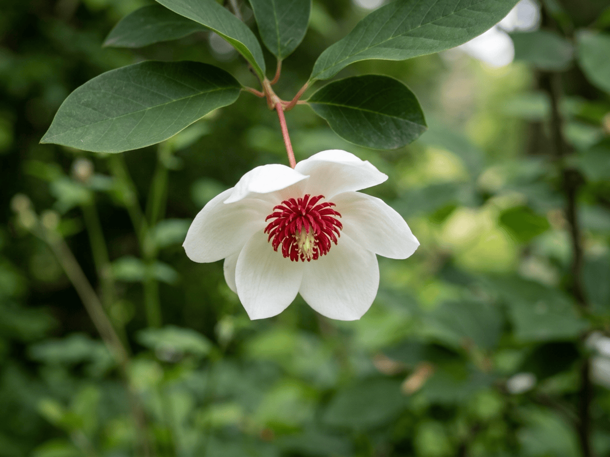 Magnolia oyama — primer plano de hojas y flores